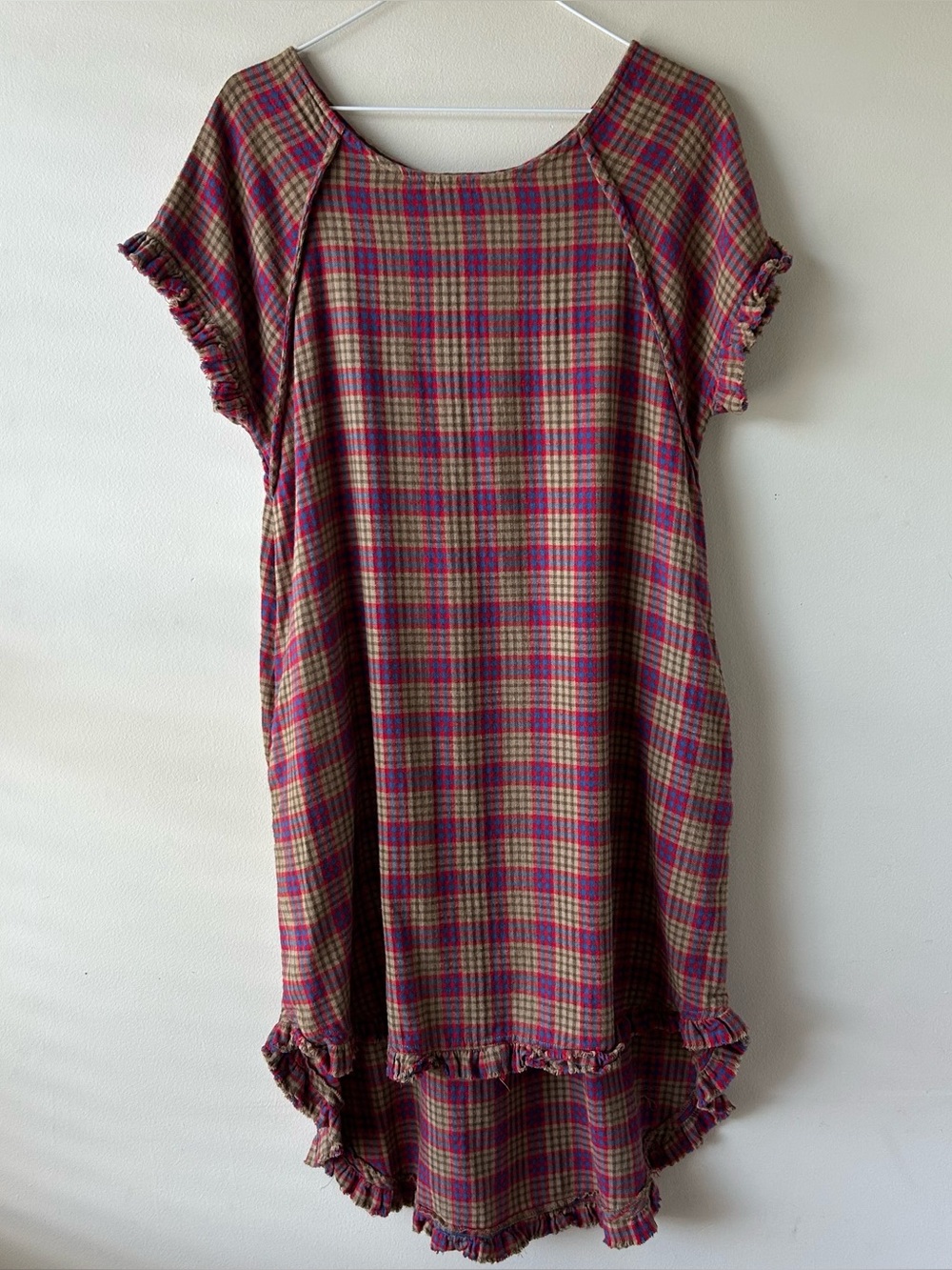 Given Kale 100% Cotton Midi Hi-Lo Dress Plaid Ruffle Tan Red Blue S